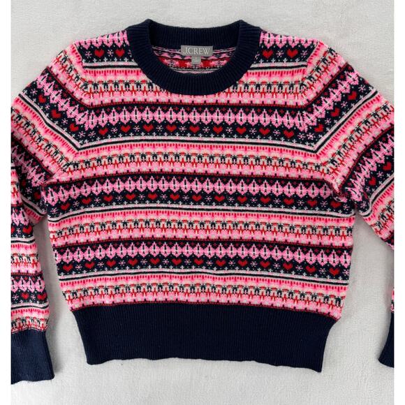J Crew Fair Ise Sweater Navy Pink Heart Stripe Wool Knit Pullover M - Picture 6 of 9